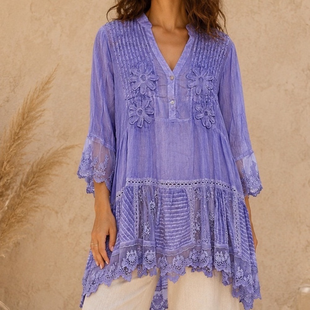 Muche Muchette Purple Boho Lace Floral Cotton Tunic Dress Whimsy OS a5